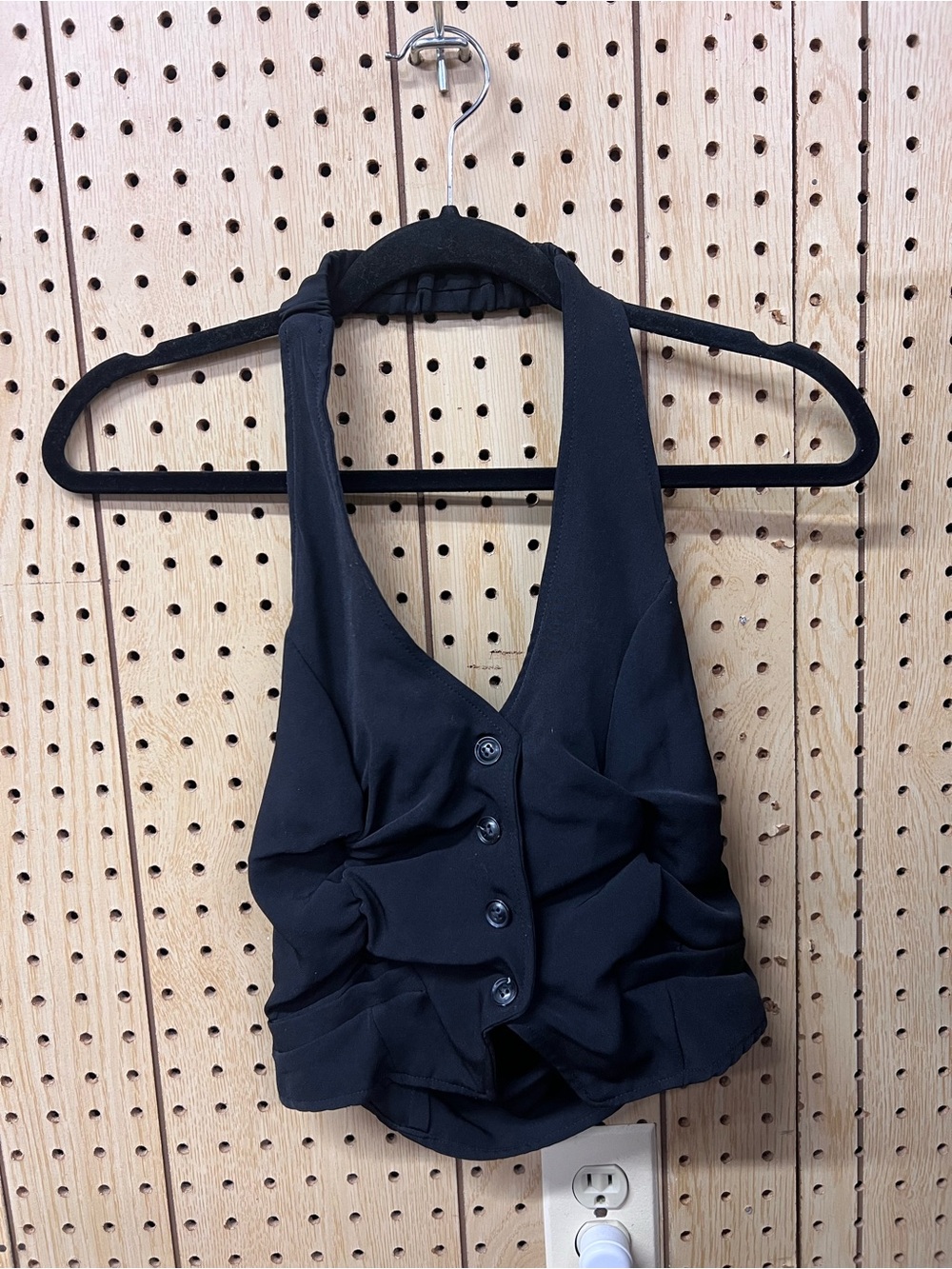 SHEIN Black Ruched Button-Front Halter  Waistcoat Vest Top Size XS Faux Pockets
